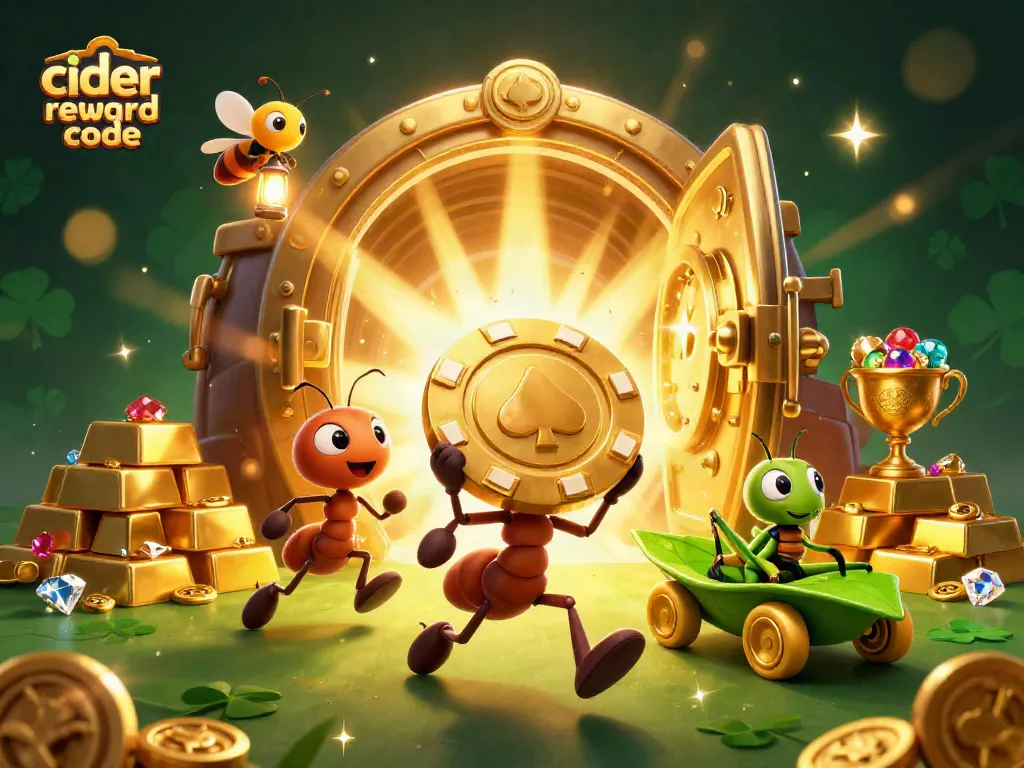 Cider casino reward code scene with ants heisting golden poker chip, illuminated by treasure vault light.