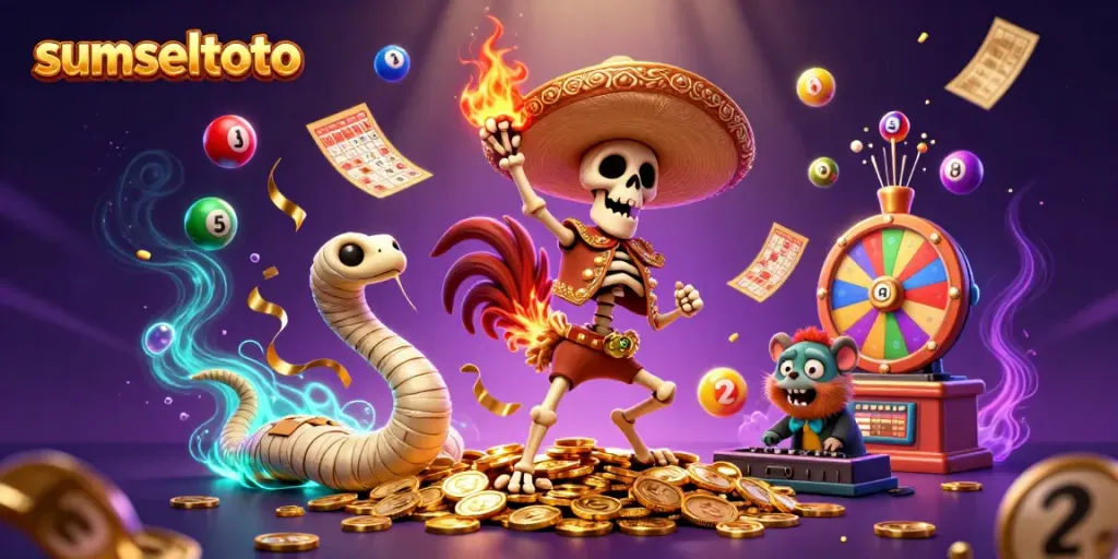 Experience the excitement of sumseltoto with vibrant, colorful elements from the lottery world swirling around dynamic characters.