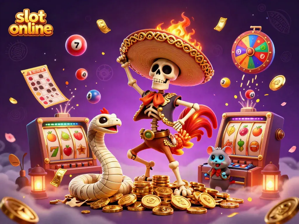Experience the thrill of slot online with a dynamic 3D illustration featuring vibrant characters and classic symbols.
