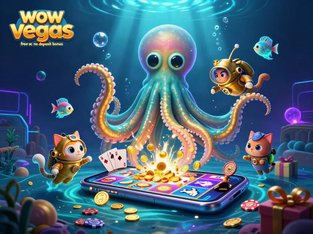 Win big with wow vegas free sc no deposit bonus featuring vibrant 3D characters and casino elements.