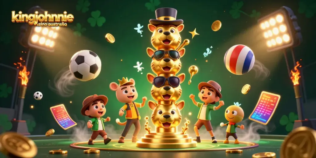 Engaging scene depicting kingjohnnie casino australia, featuring a golden totem pole with animal faces and vibrant sports elements.