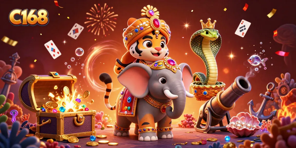 C168 captures winning action with a vibrant casino scene featuring a jewel-encrusted elephant and festive game elements.