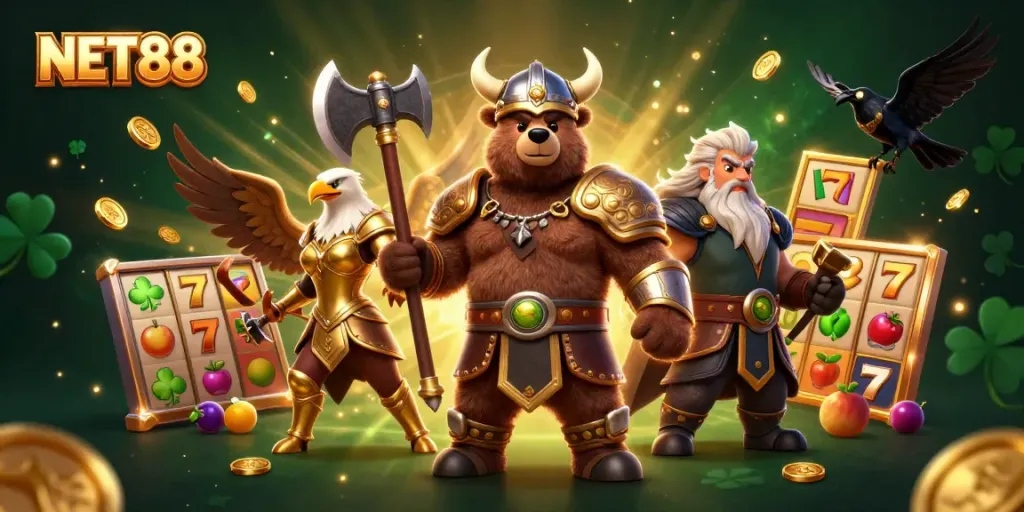 NET88 enhances gaming excitement with vibrant 3D casino characters and dynamic slot elements.
