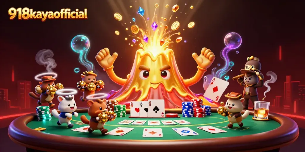 Watch 918kayaofficial's exciting gameplay as golden lava erupts coins amidst treasures and poker elements.