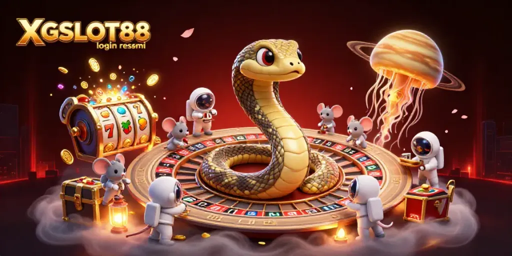 Visualisasi kasino digital menarik dengan XGSLOT88 login resmi, menampilkan simbol slot dan karakter ceria.