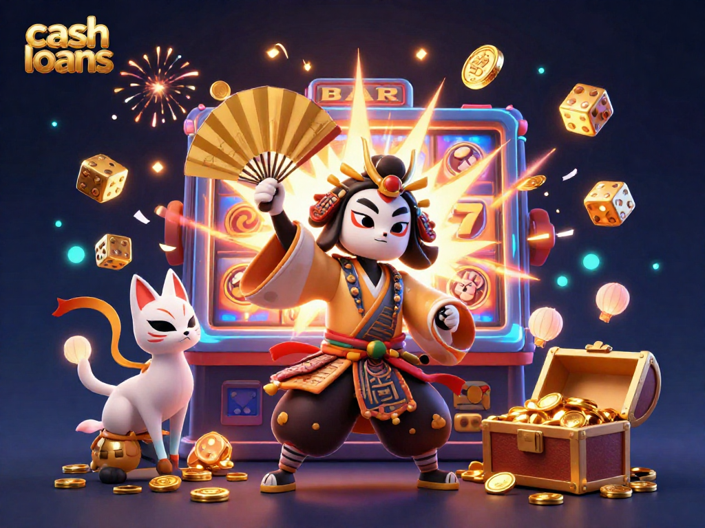 Interactive casino scene illustrating cash loans with kabuki warrior and slot machine bursting with gold.