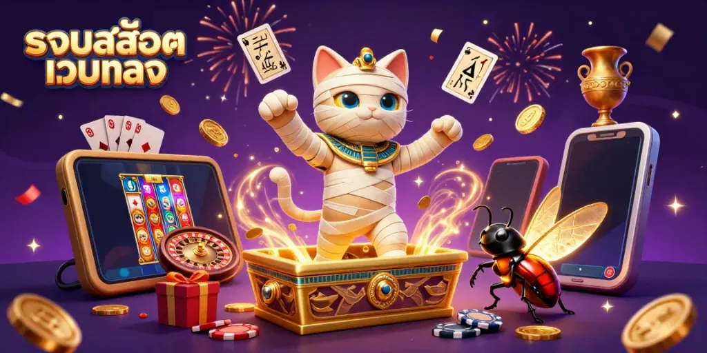 Experience thrilling action with รวมสล็อตเว็บตรง as the Egyptian mummy cat and scarab beetle animate the casino scene.