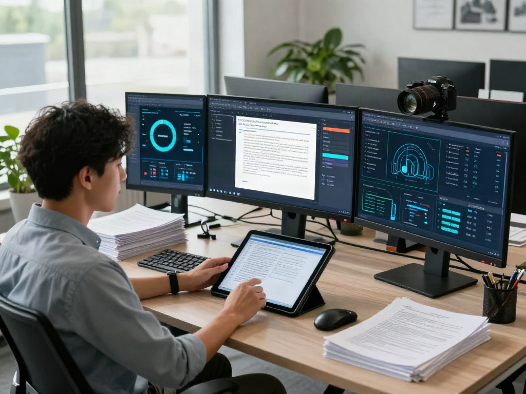 Document fraud detection analysis in a modern high-tech workspace, featuring software interfaces and a focused data analyst.