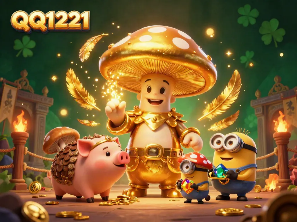 Experience the magical world of QQ1221 with a golden mushroom wizard surrounded by treasures and gaming elements.