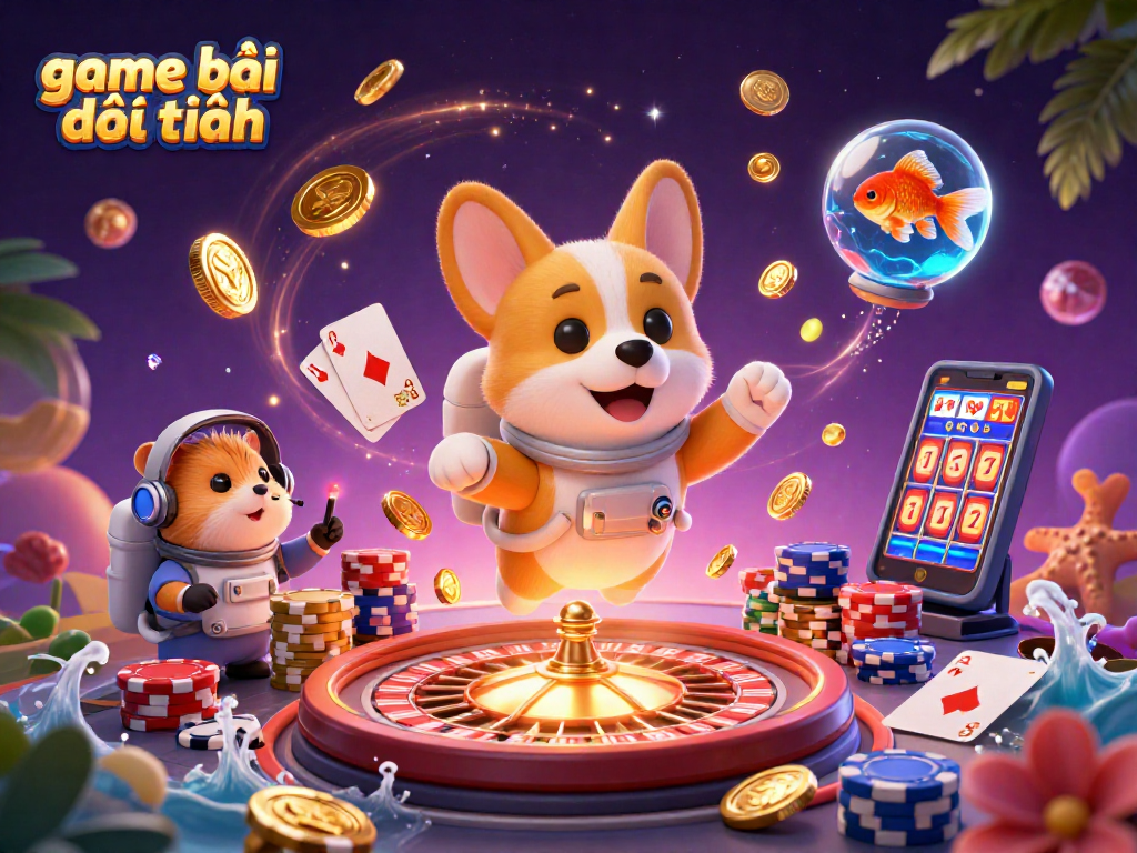 Experience game bài đổi thưởng with a lively scene of an astronaut corgi and friends in a casino atmosphere.