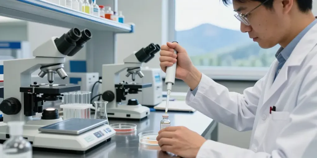 Scientist preparing the selank semax blend in a laboratory for research analysis.