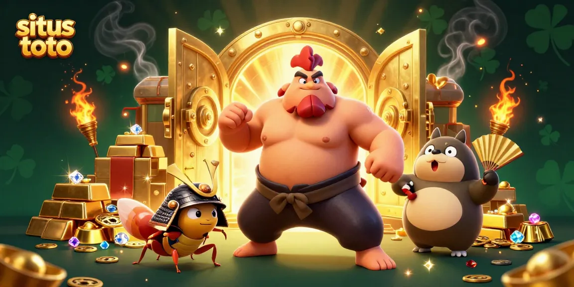 Aktifkan situs toto dengan ilustrasi 3D menarik dari ayam sumo dan samurai, dikelilingi harta berkilau.