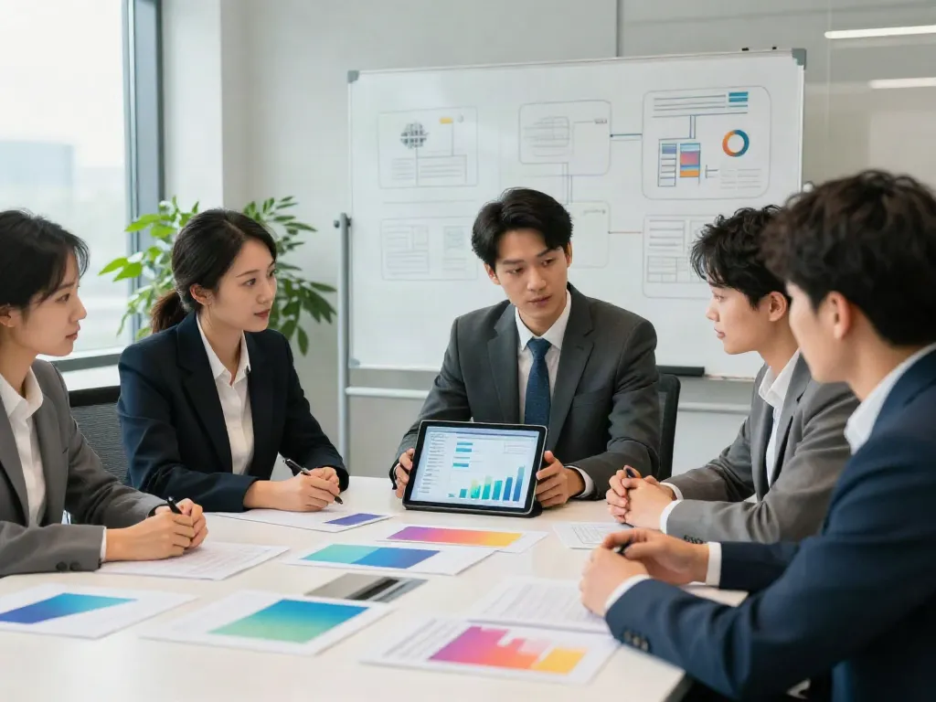Business professionals discussing an important enquiry in a modern office.