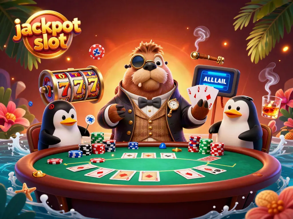 Experience the vibrant casino world with jackpot slot featuring a walrus and poker elements.
