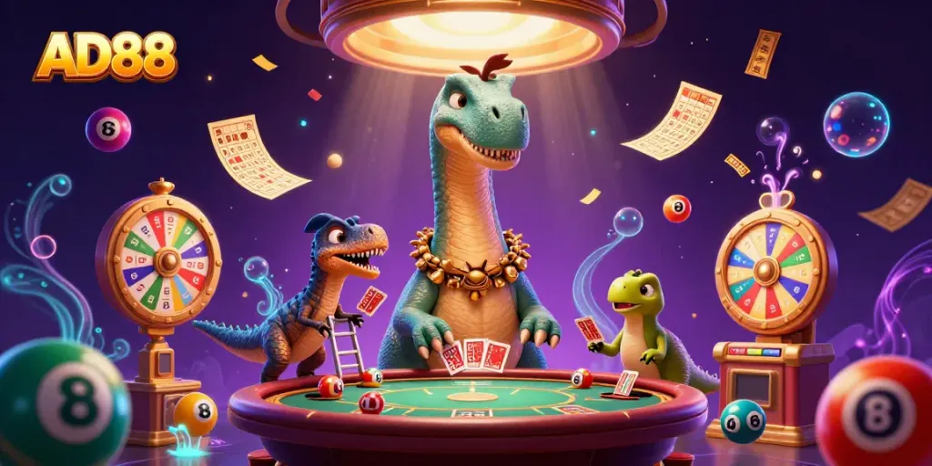 Experience the vibrant action at AD88 with a colorful casino scene featuring games and characters.