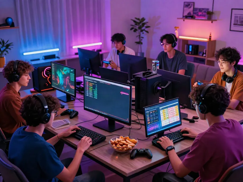 Friends strategizing online lottery games while discussing harga toto in a lively gaming environment.
