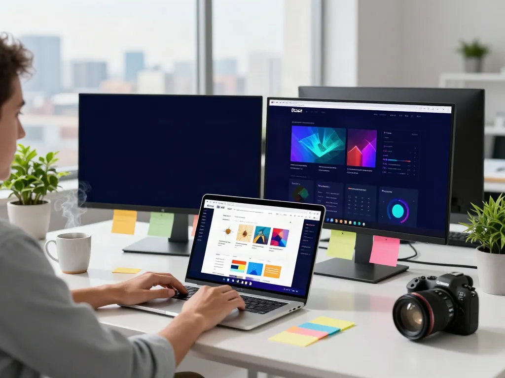 Brave user engaged on laptop in a sleek office environment with colorful analytics.