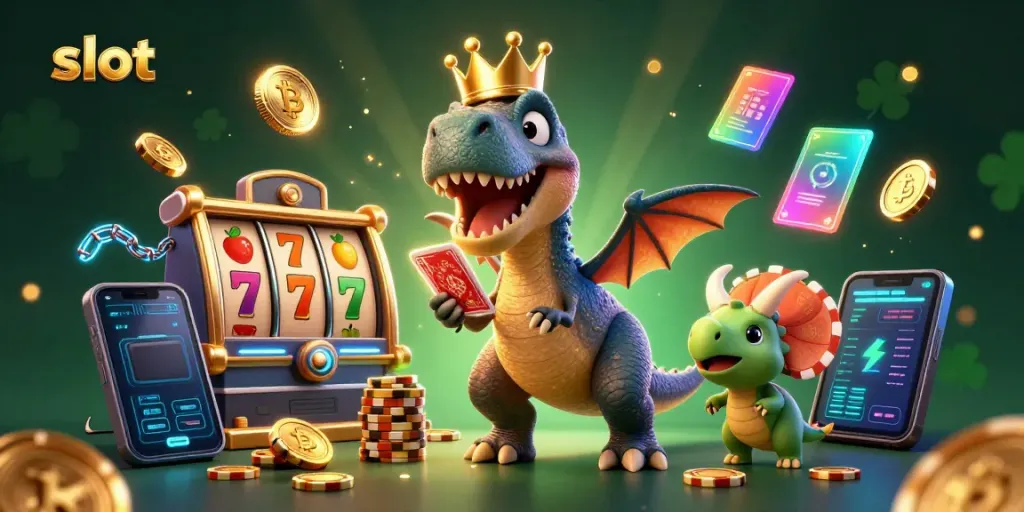 Engage in slot games with a friendly T-Rex and pterodactyl under a vibrant casino scene.