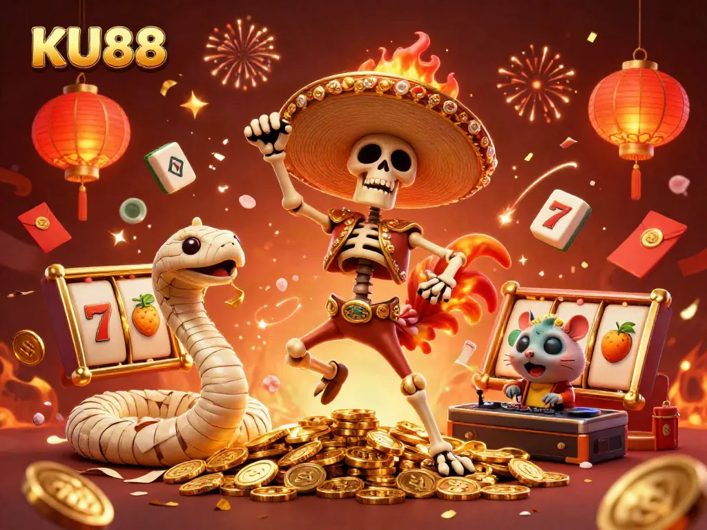 Experience excitement at KU88 with a lively casino scene featuring a festive mariachi rooster dancing around golden slot reels.