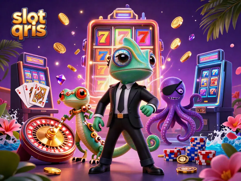 Experience slot qris action with a colorful chameleon agent, gadget gecko, and an octopus, all set in a vibrant casino.
