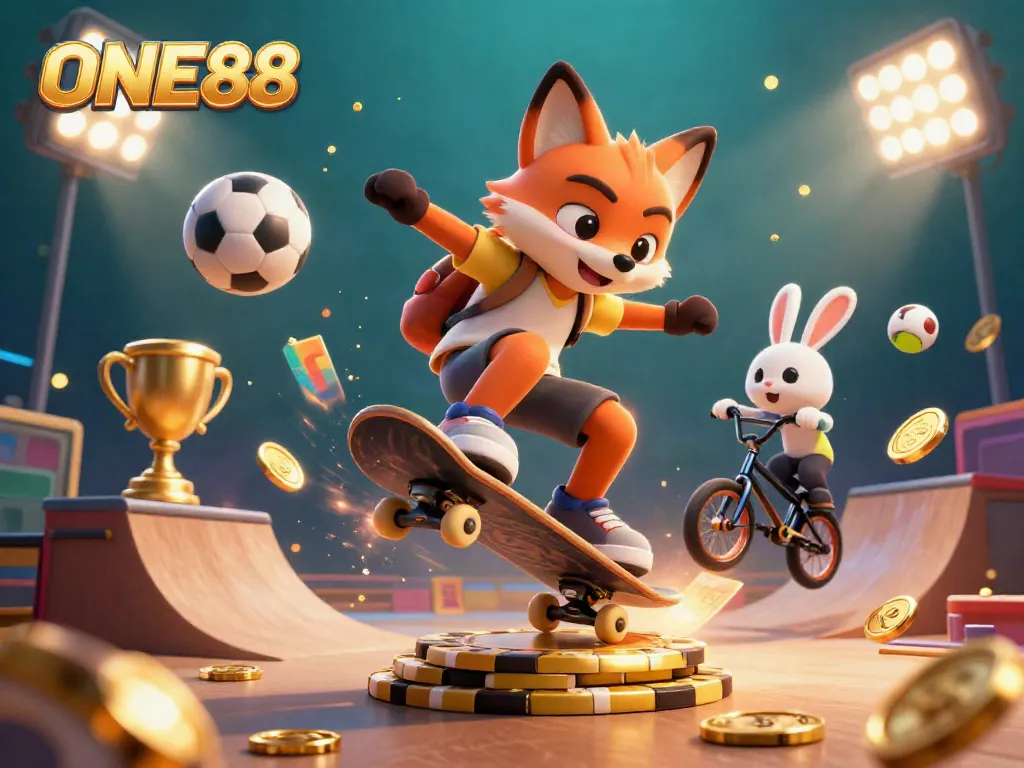 Engaging scene showcasing ONE88 with a skateboarder fox and BMX rabbit in a vibrant casino-themed environment.