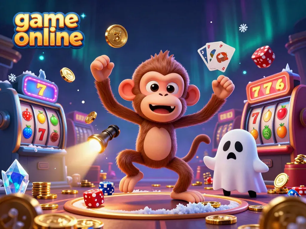Engaging scene of a mischievous poltergeist monkey juggling casino items in an animated game online setting.