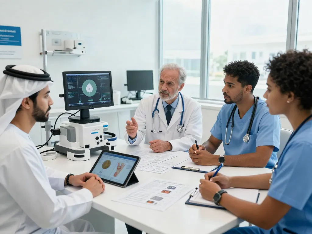 Prostate cancer treatment in Abu Dhabi with a caring medical team discussing personalized care plans and advanced diagnostic equipment, highlighting compassionate healthcare.