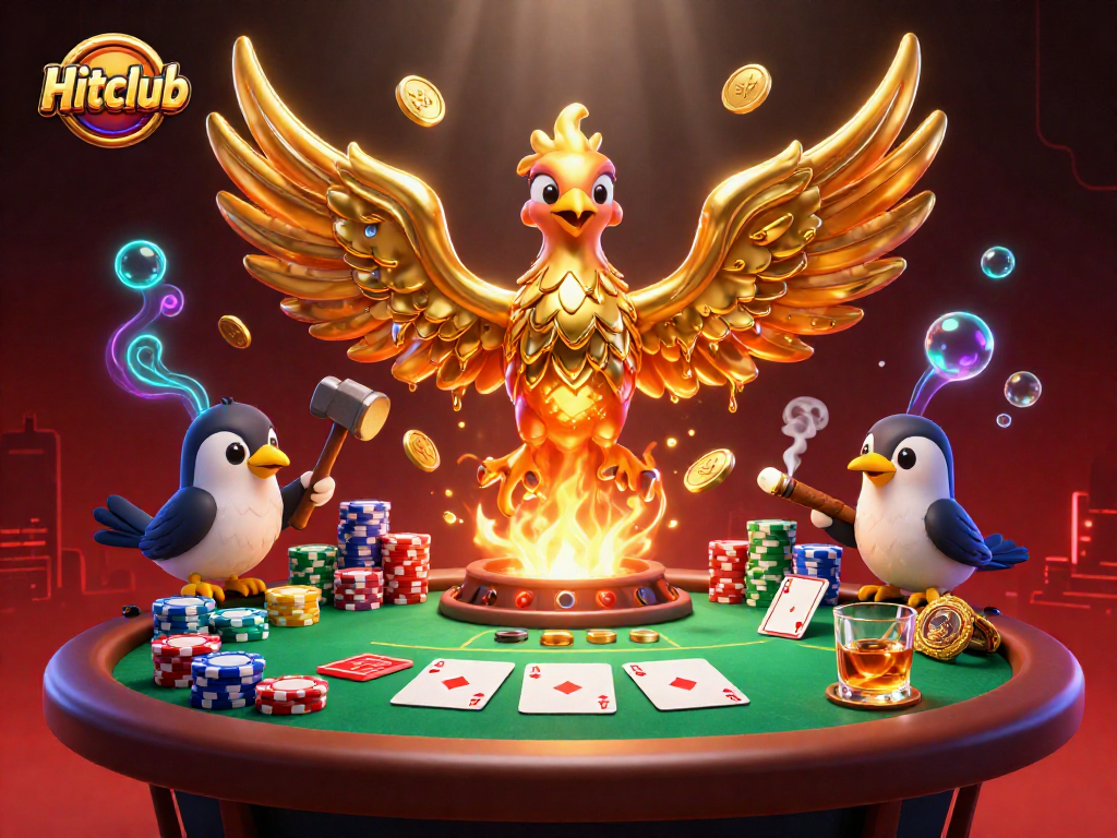 Hitclub showcases a dynamic casino scene with a molten phoenix and poker elements.