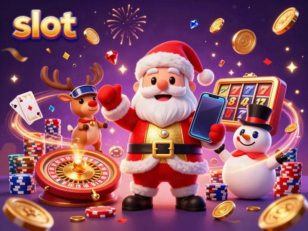 Celebrate slots with Santa and friends, showcasing festive casino excitement and winnings.