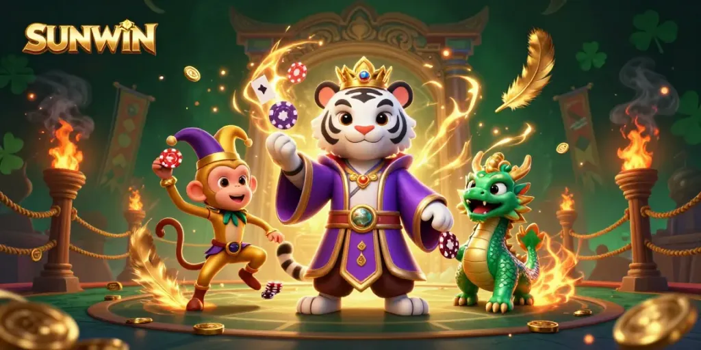 Experience the thrill of gaming with SUNWIN, where an elegant white tiger leads a vibrant casino scene filled with luck and excitement.