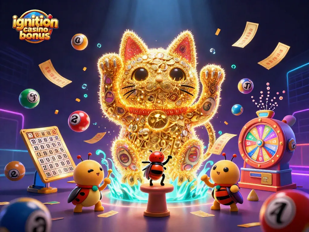 Engage with the ignition casino bonus in a vibrant 3D scene of luck and prizes surrounded by casino symbols.