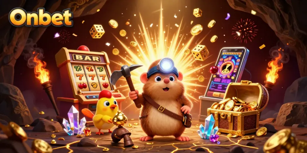 Experience Onbet's thrilling gaming scene featuring a treasure hunter mining gold.