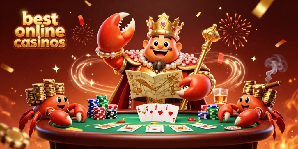 Engage with the excitement of the best online casinos featuring a golden crab emperor, chips, and poker elements.