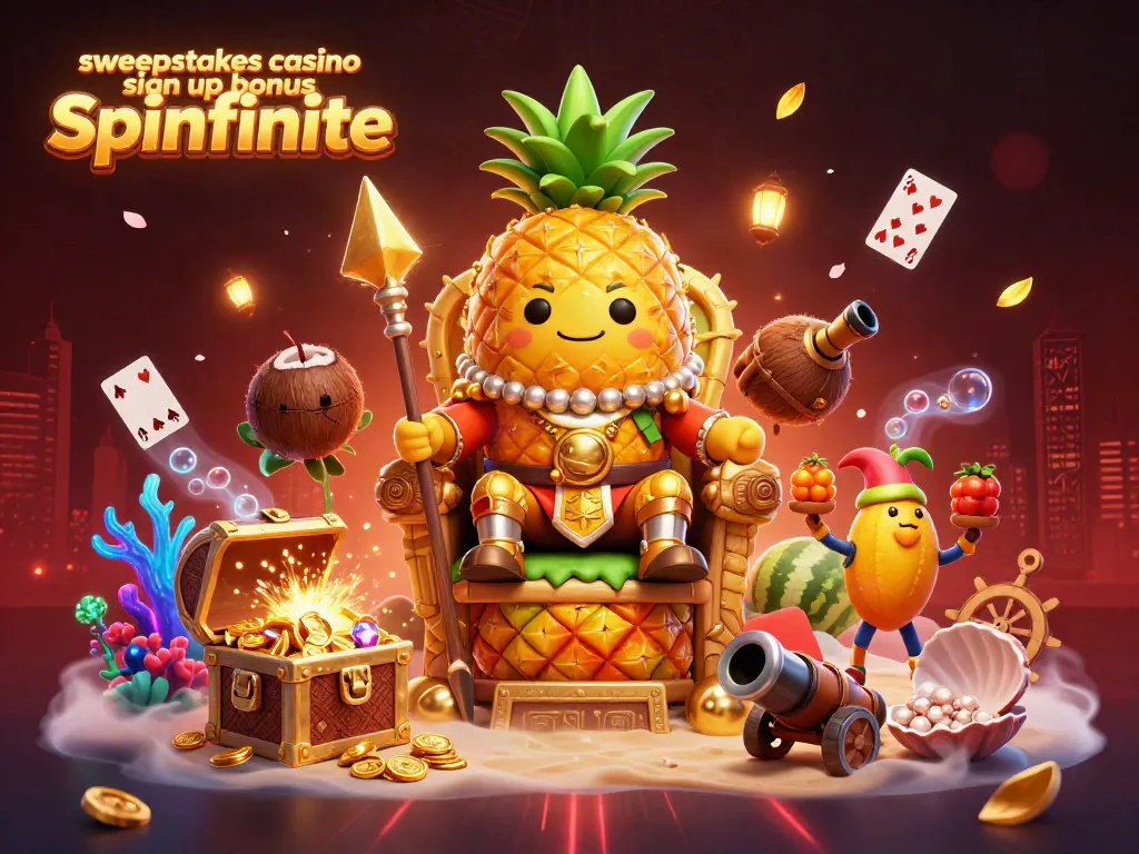Sweepstakes casino sign up bonus Spinfinite featuring golden pineapple king and vibrant casino elements.