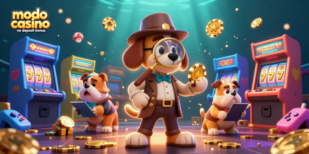 Claim your modo casino no deposit bonus with golden poker chips amidst vibrant gaming elements.