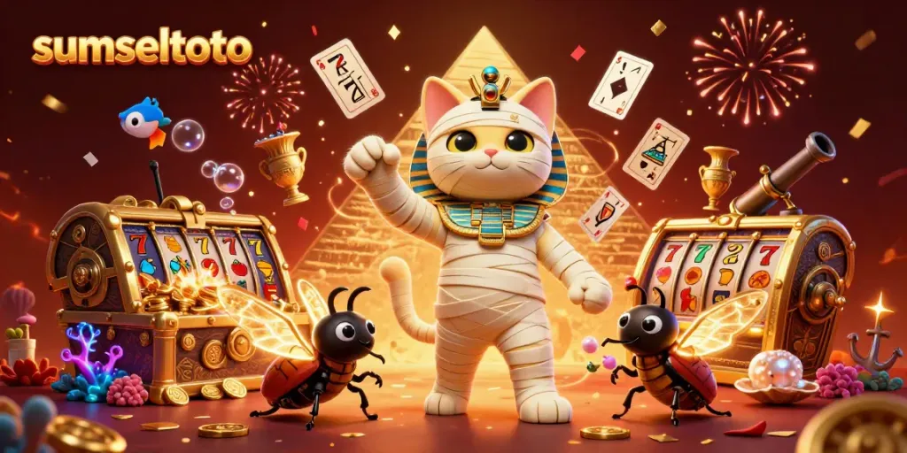 Experience the thrill of sumseltoto with an Egyptian mummy cat and treasures in a vibrant casino