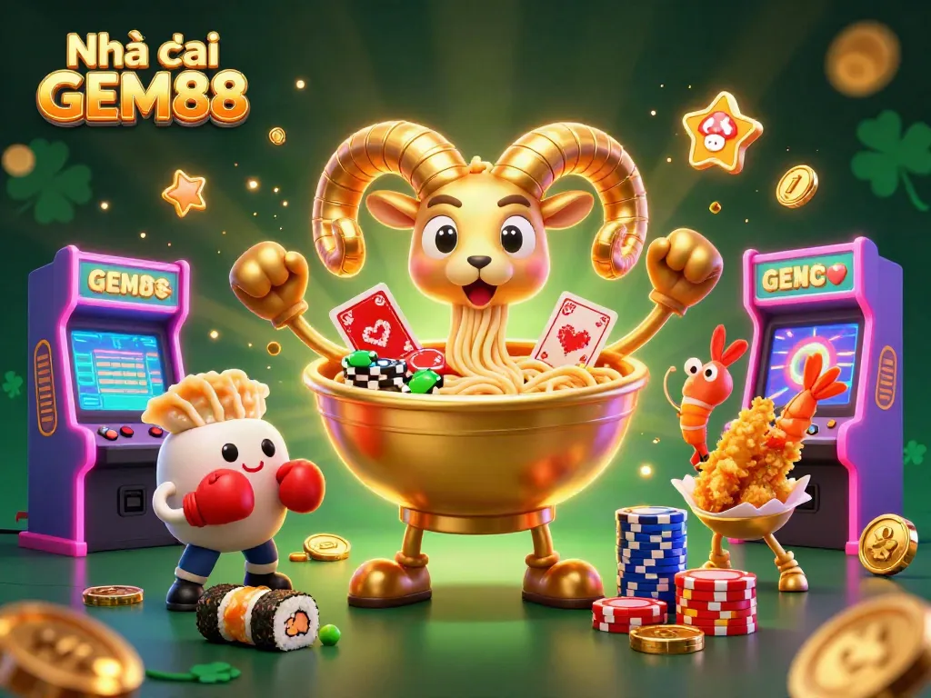 Experience the excitement with Nhà cái GEM88, featuring lively characters and vibrant casino elements.