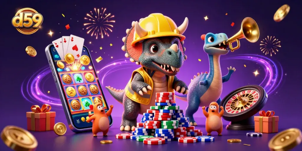 Permainan slot D59 yang seru dengan triceratops membangun chip poker dan koin berkilau