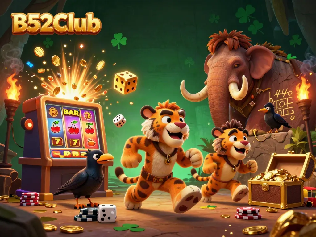 Engaging illustration of B52Club's characters celebrating a jackpot in a vibrant casino environment.