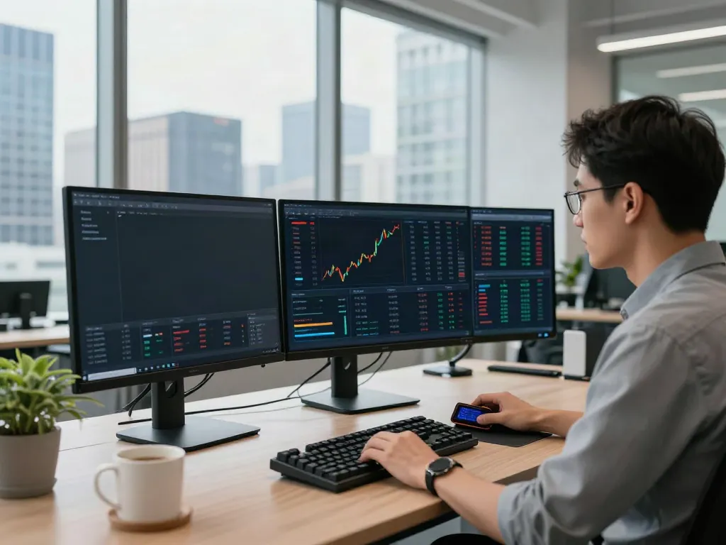 Engaging workspace with real-time currency exchange rate API data displayed, highlighting cryptocurrency trading technology.