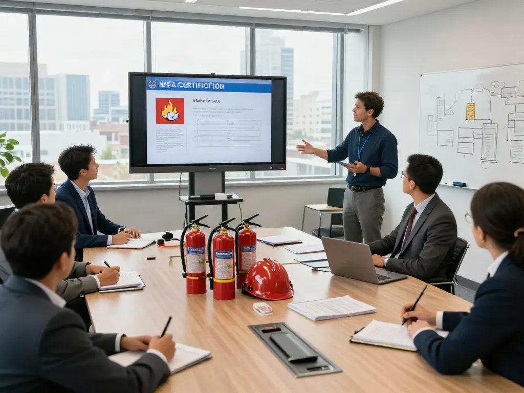 NFPA Certification Training session in a modern conference room, featuring a diverse group learning fire safety protocols with an engaging instructor.