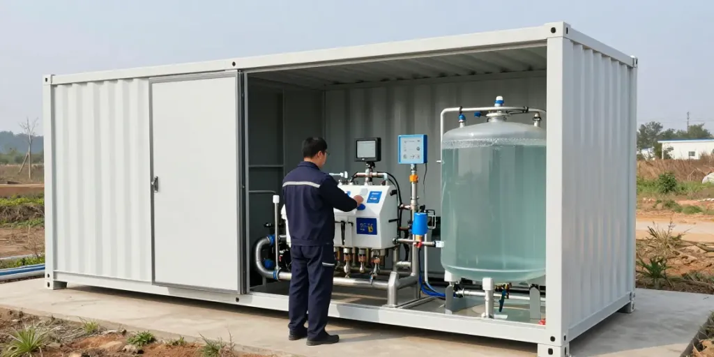 Containerized reclaimed water system efficiently transforming wastewater into reusable water.