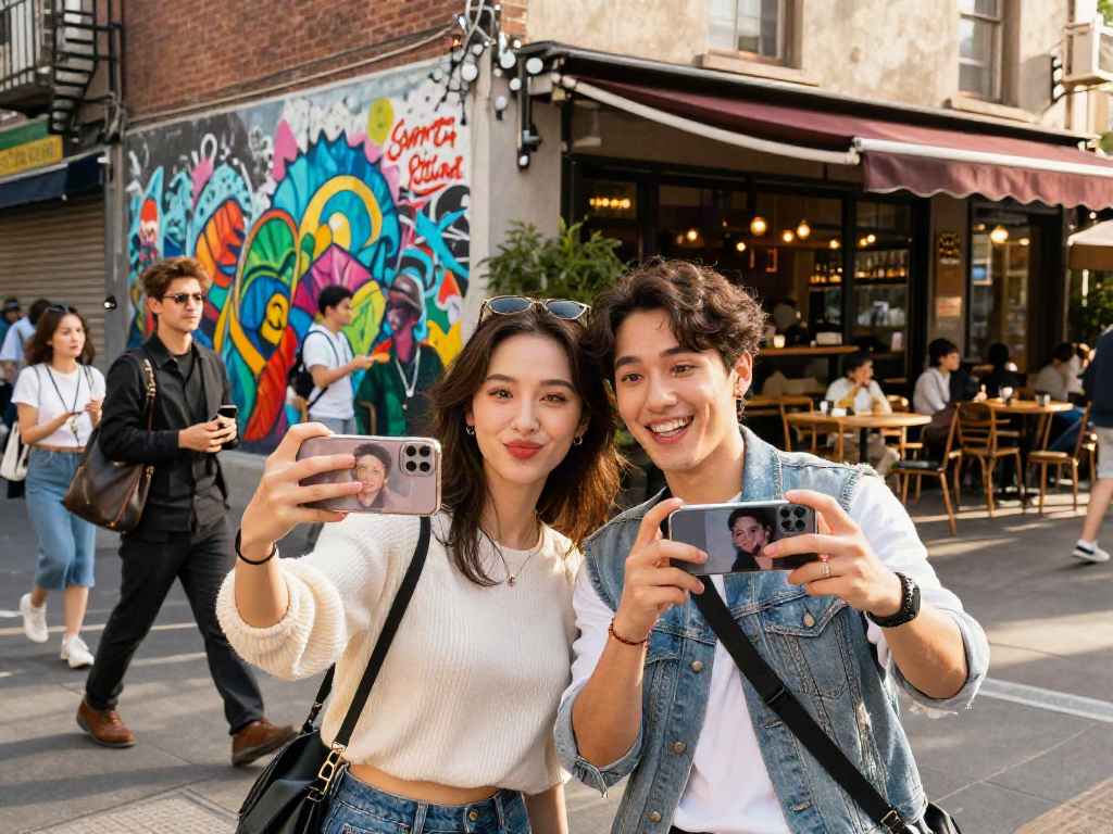 Friends comparing their celebrity look alike selfies in a vibrant urban setting, showcasing playful celebrity filters.