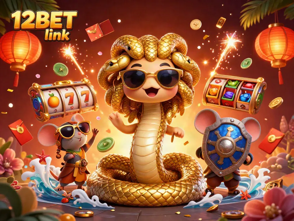 Engage with the exciting 12BET link in this vibrant illustration featuring casino elements and characters.