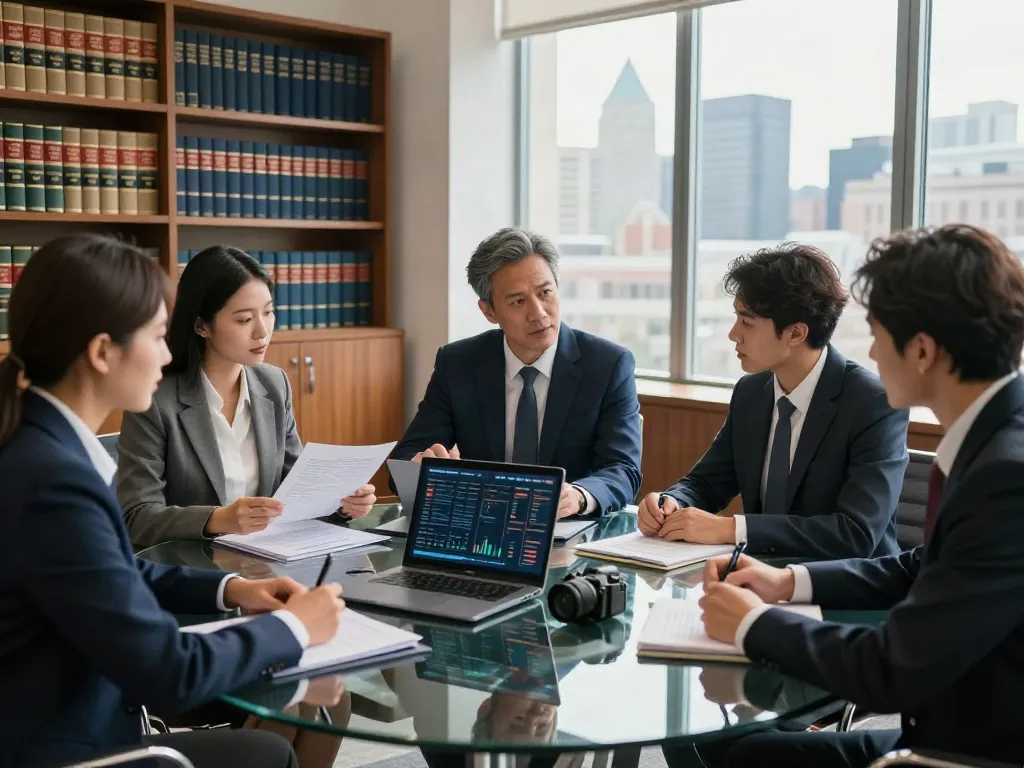Lead Roedl team collaborating in a modern law office, showcasing strategic legal discussions.