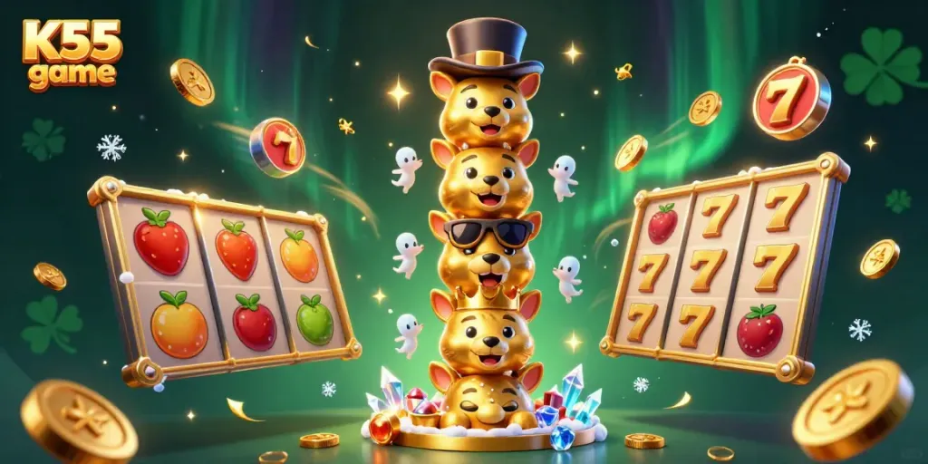 K55 game offers vibrant spins and big wins with colorful slots and a golden totem pole amidst sparkling coins.