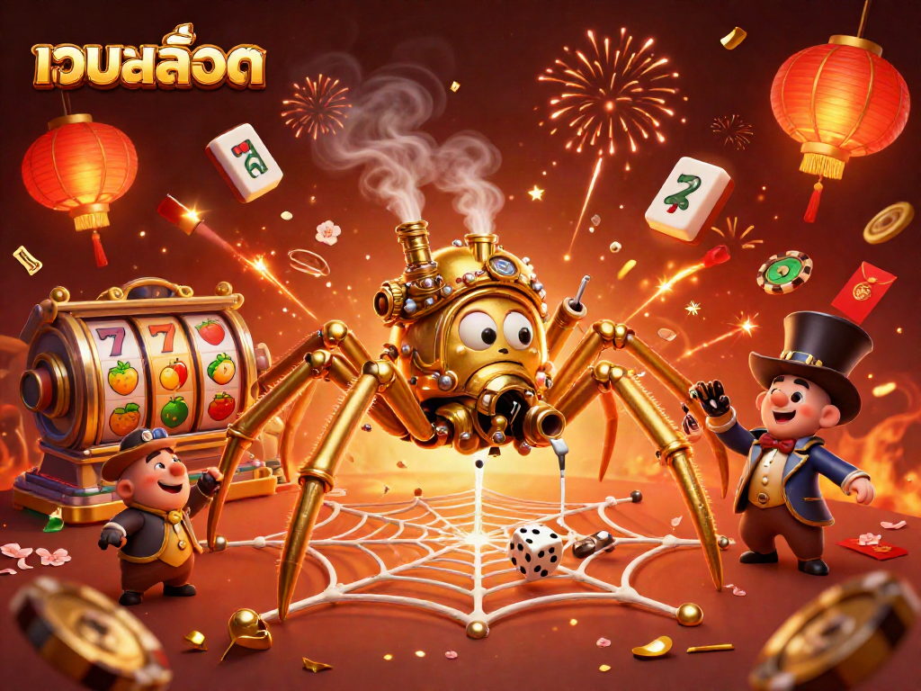 Experience thrilling เว็บสล็อต action with steampunk spider and shimmering slot reels.