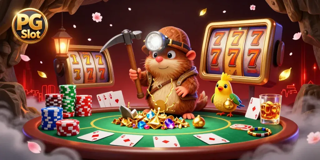 Experience thrilling PG Slot gaming with a cartoon mole miner amidst vibrant casino elements and spinning reels.