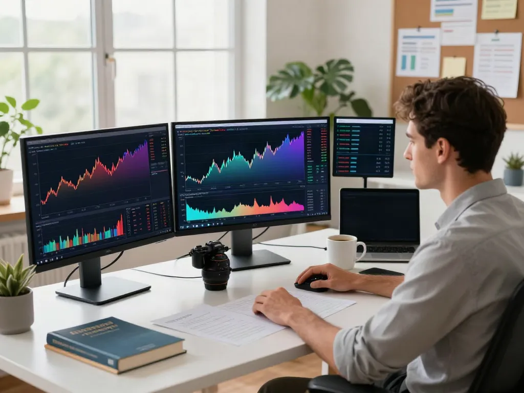 Trader using TradingView with multiple monitors and financial analysis tools in a bright home office.