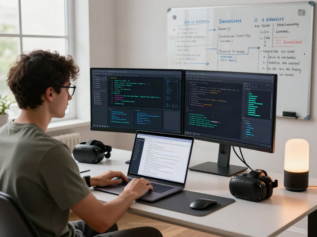 AI Detector application in a vibrant tech workspace with monitors and a focused engineer.